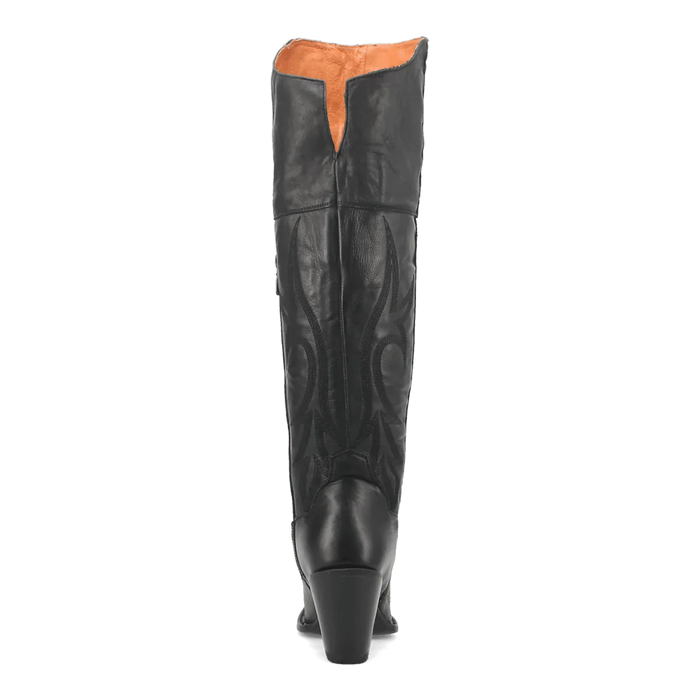 Dan Post Women's Jilted Snip Toe boots in black leather. Tall shaft with decorative stitching. Features a shaped heel, and tan lining.
