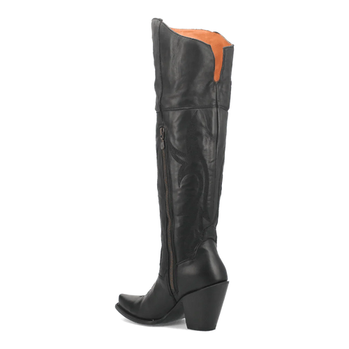 Dan Post Women's Jilted Snip Toe boots: tall black leather boots with snip toe, angled top, and pronounced heel. Feature side zipper, embossed shaft details, and tan lining.
