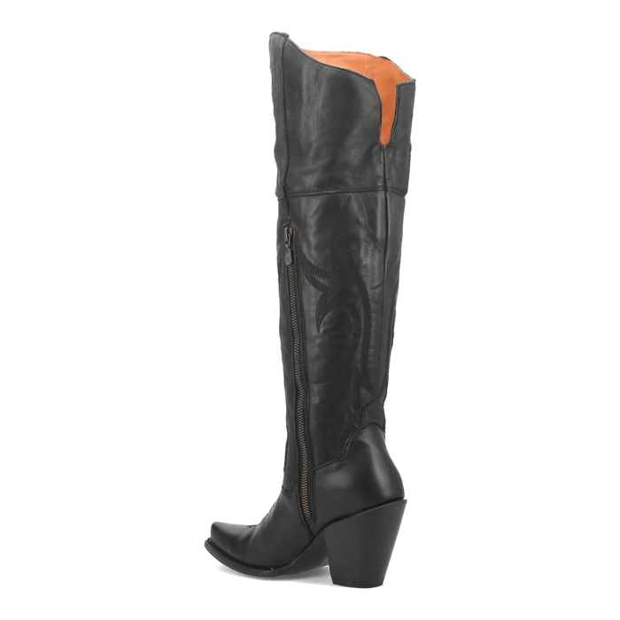Dan Post Women's Jilted Snip Toe boots: tall black leather boots with snip toe, angled top, and pronounced heel. Feature side zipper, embossed shaft details, and tan lining.
