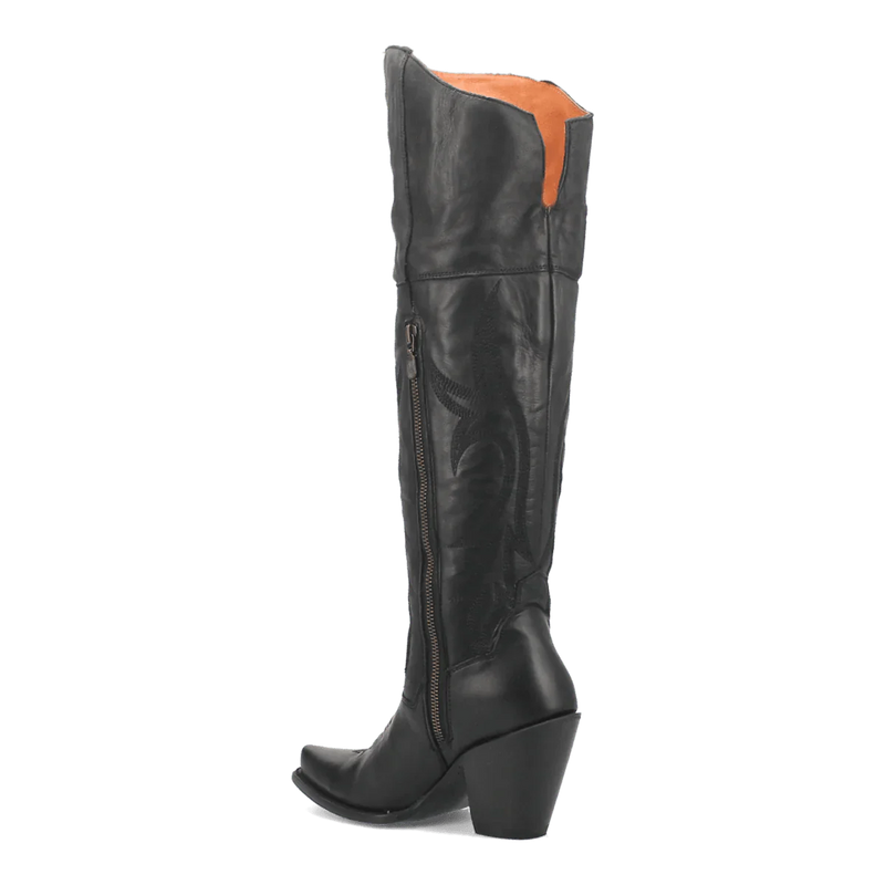 Dan Post Women's Jilted Snip Toe boots: tall black leather boots with snip toe, angled top, and pronounced heel. Feature side zipper, embossed shaft details, and tan lining.
