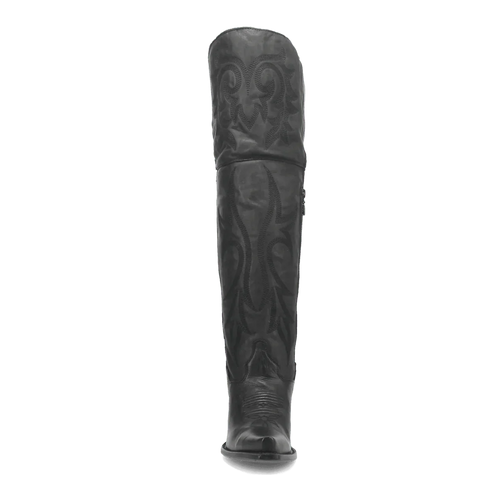 Dan Post Jilted snip toe women's tall boots. Black leather, fitted silhouette, intricate stitching. Low block heel. Long, narrow design extends above the calf.
