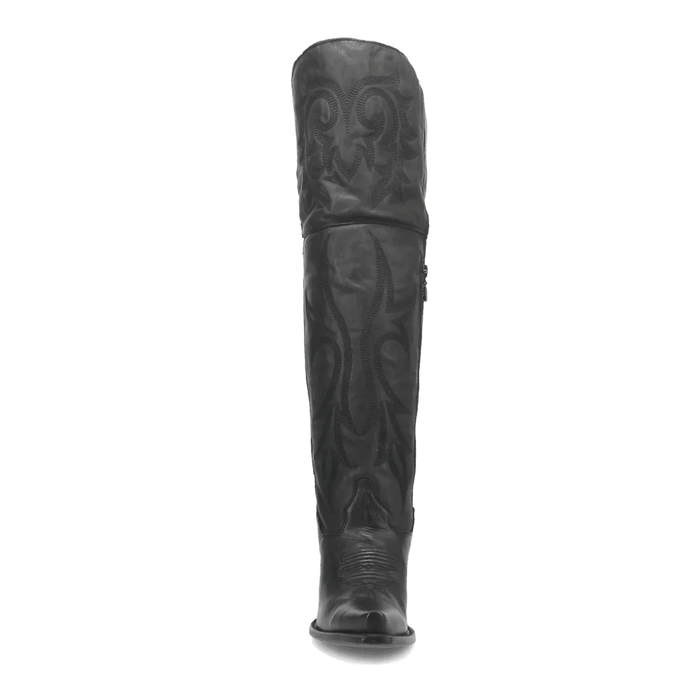 Dan Post Jilted snip toe women's tall boots. Black leather, fitted silhouette, intricate stitching. Low block heel. Long, narrow design extends above the calf.
