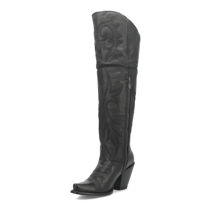 Dan Post women's Jilted tall boots in black leather. Snip toe, side zip. Decorative stitching, pointed toe, and wedge heel for a refined, sleek look.
