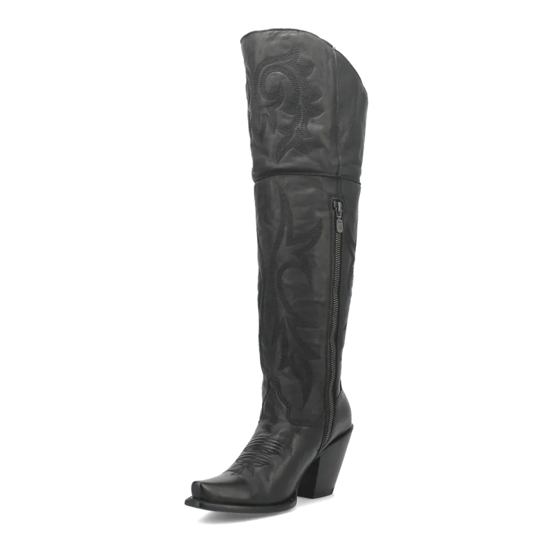 Dan Post women's Jilted tall boots in black leather. Snip toe, side zip. Decorative stitching, pointed toe, and wedge heel for a refined, sleek look.
