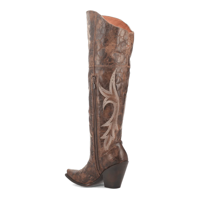 Dan Post Jilted women's tall leather boots. Distressed brown with decorative leaf pattern. Snip toe, side zip closure, and stable, angled heel.
