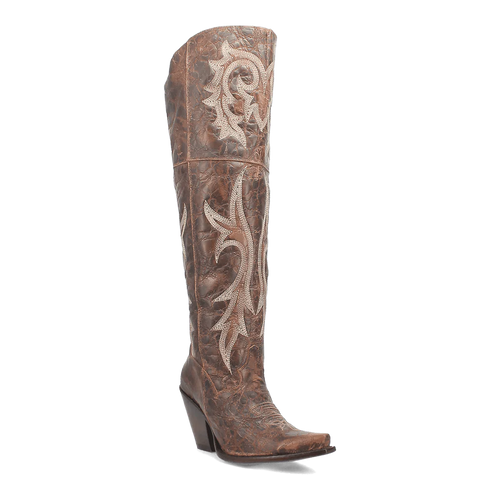 Dan Post Jilted women's tall boots. Brown leather with tonal stitching, light-colored embroidery, and a snip toe. Angular heel.
