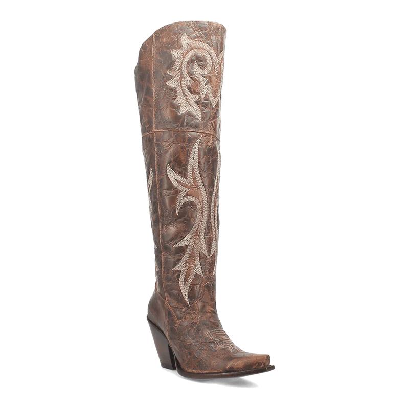 Dan Post Jilted women's tall boots. Brown leather with tonal stitching, light-colored embroidery, and a snip toe. Angular heel.

