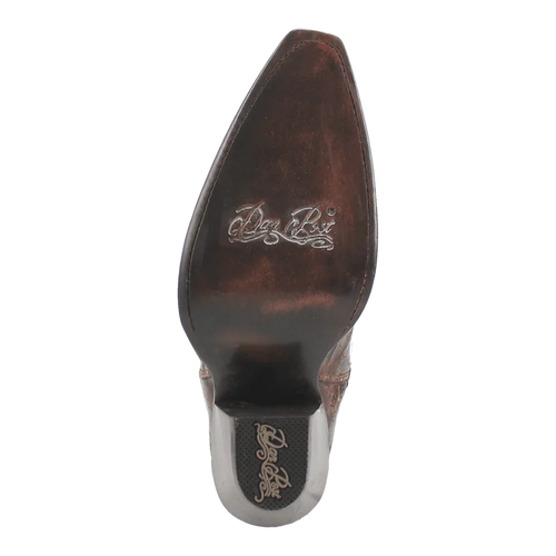 Dan Post Jilted Snip Toe boot sole. Brown leather, pointed snip toe. Stacked heel with rubber insert. Brand embossed on arch. Single-piece construction, polished finish.
