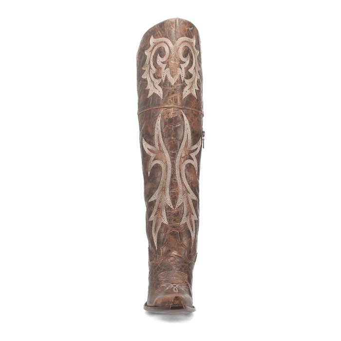 Dan Post women's Jilted Snip Toe boots. Tall, form-fitting brown leather design with contrasting lighter embroidery. Pointed snip toe. Flat, broad sole.
