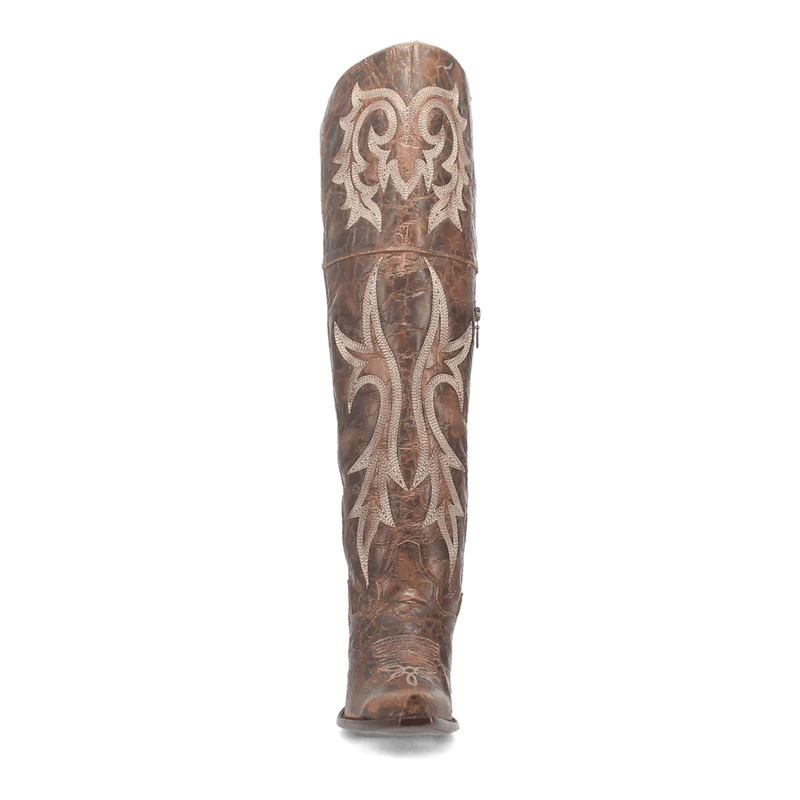 Dan Post women's Jilted Snip Toe boots. Tall, form-fitting brown leather design with contrasting lighter embroidery. Pointed snip toe. Flat, broad sole.
