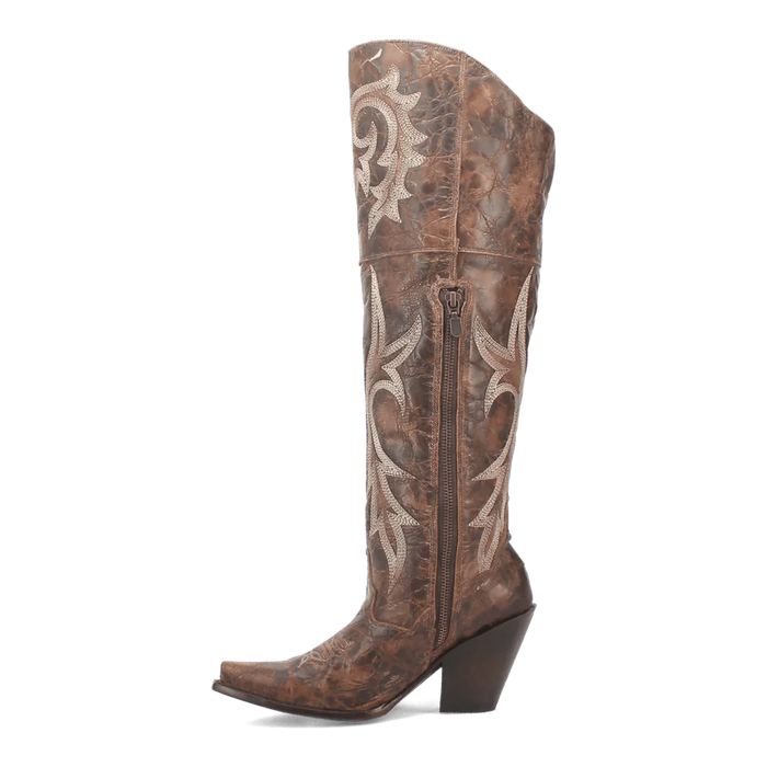 Dan Post Women's Jilted tall boots. Brown, distressed leather with embroidered floral details. Fitted design with a snip toe, side zipper, and slight heel.
