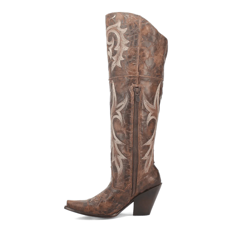 Dan Post Women's Jilted tall boots. Brown, distressed leather with embroidered floral details. Fitted design with a snip toe, side zipper, and slight heel.
