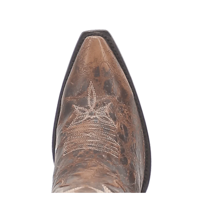 Dan Post Jilted snip toe women's tall boots in brown leather. Pointed toe, textured finish, and star-patterned decorative stitching on the upper.
