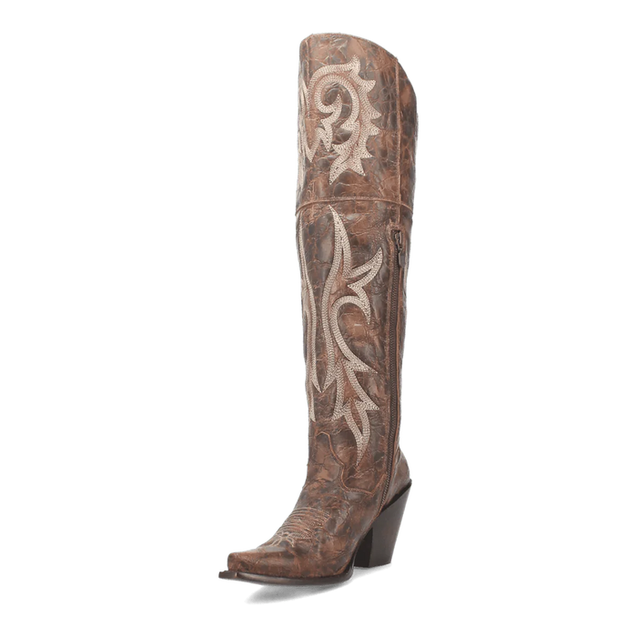 Dan Post women's Jilted Snip Toe boots: Tall, brown leather with a fitted design. Features textured finish, floral stitching, side zipper, and snip toe. Block heel for added height.
