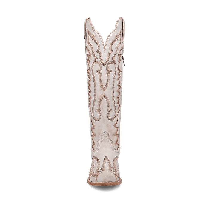 Dan Post Josie women's tall leather boots. White, snip-toe design with a tall shaft and intricate contrasting stitching. Features a slight heel, smooth sole, and scalloped top edge.
