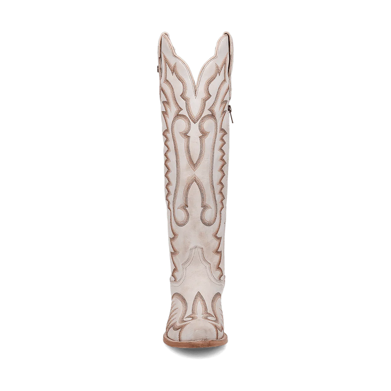 Dan Post Josie women's tall leather boots. White, snip-toe design with a tall shaft and intricate contrasting stitching. Features a slight heel, smooth sole, and scalloped top edge.
