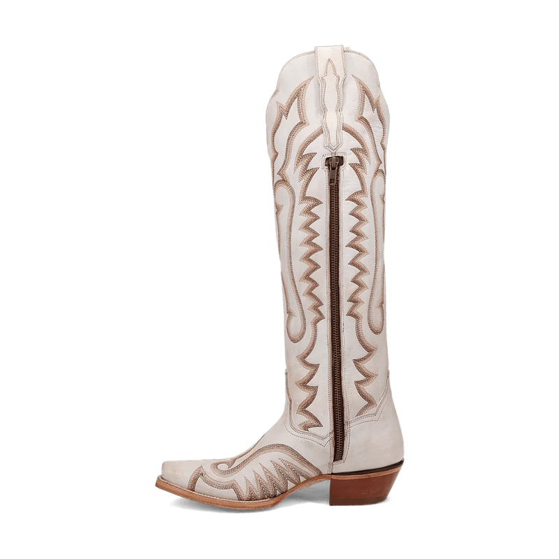 Dan Post Josie boots: Women's tall, white leather boots with a snip toe.  Features tan stitching, a side zipper, and a short stacked heel.
