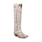 Dan Post Josie women's tall leather boots. White leather, snip toe, contrasting stitching. Tall shaft, pointed toe, slight heel.
