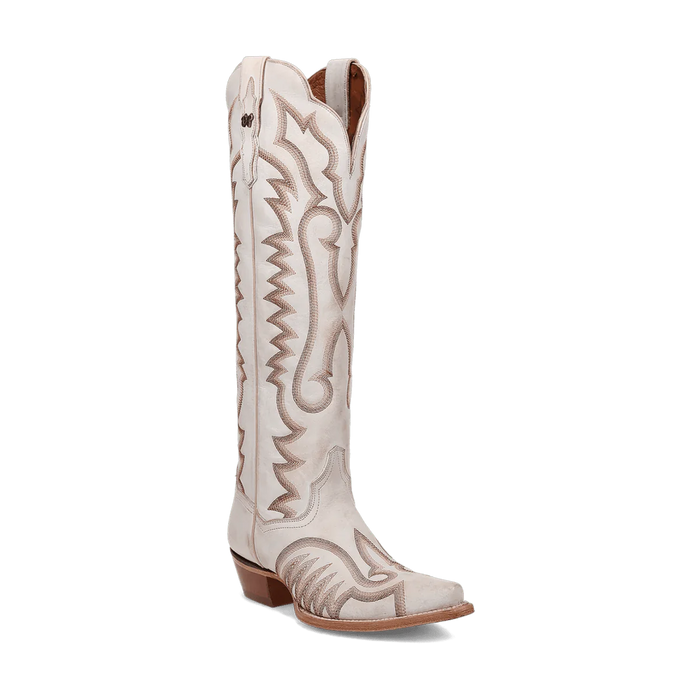 Dan Post Josie women's tall leather boots. White leather, snip toe, contrasting stitching. Tall shaft, pointed toe, slight heel.

