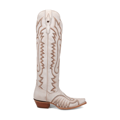 Dan Post Josie snip toe tall boots: white leather with tan stitching. Fitted shape, snip toe, and modest heel. Angular patterns enhance the design, providing both style and stability.
