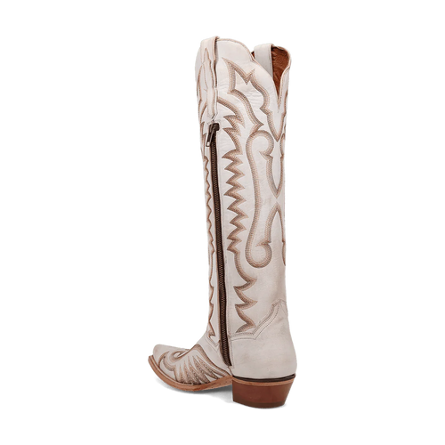 Dan Post Josie women's tall boots. White leather, snip toe, and intricate stitched patterns. Features a back zipper for easy wear. Medium brown heel.
