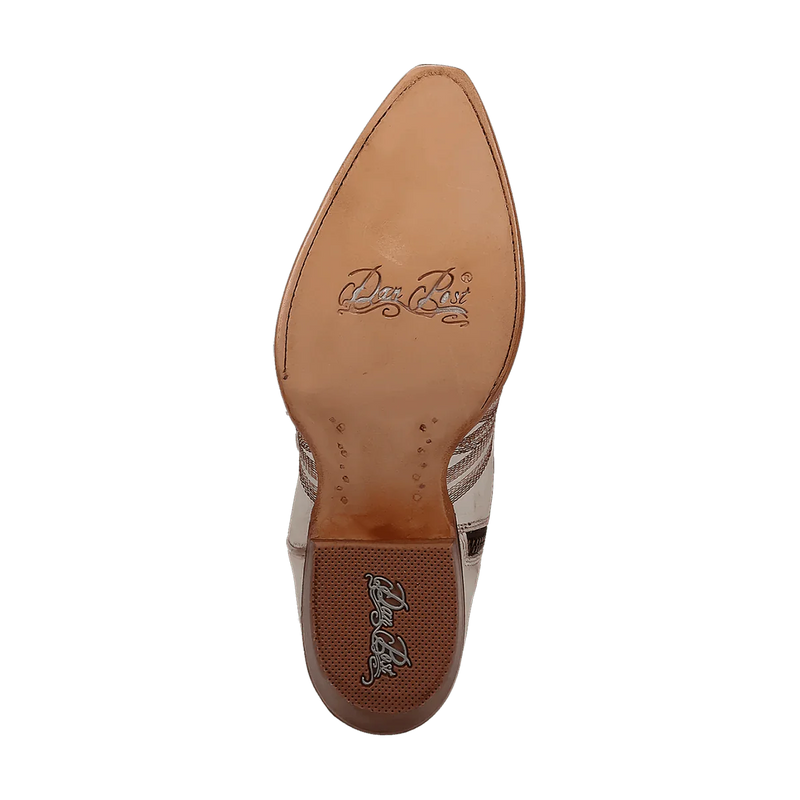 Dan Post Josie snip toe tall boots for women. White leather with smooth soles, slightly textured heels, and embossed branding. Narrow, elongated toe design.

