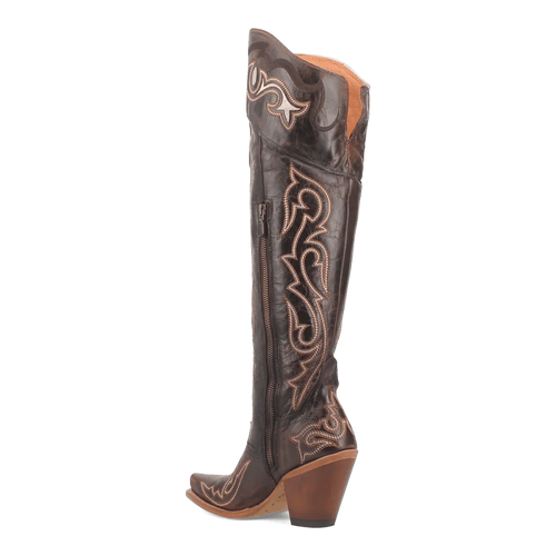 Dan Post Kommotion Snip Toe boots: Chocolate brown leather, mid-calf height, pointed toe. Detailed stitching, side zipper, and a stable chunky heel. Light interior lining complements the design.
