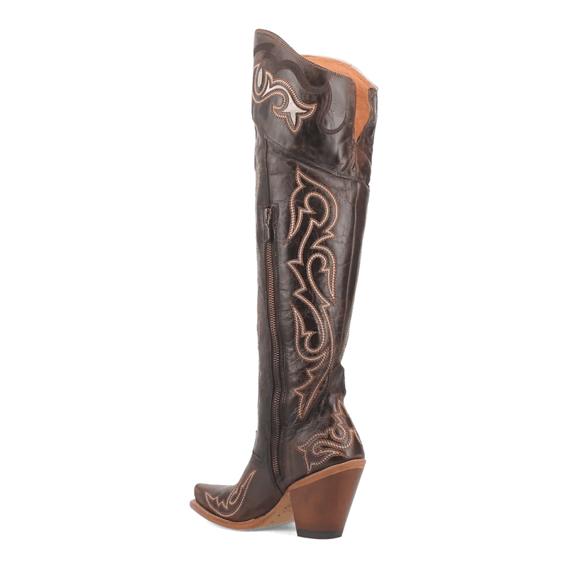 Dan Post Kommotion Snip Toe boots: Chocolate brown leather, mid-calf height, pointed toe. Detailed stitching, side zipper, and a stable chunky heel. Light interior lining complements the design.
