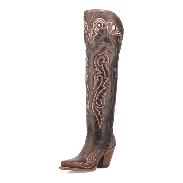 Dan Post Kommotion tall boots for women. Chocolate brown leather, snip toe, western stitching, and stacked heel. Side zipper for easy wear, sleek silhouette.
