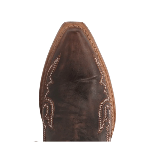 Dan Post Kommotion Snip Toe tall boots. Women's leather boots with a rich chocolate brown upper, contrasting lighter trim, and decorative stitching. Pointed snip toe design.
