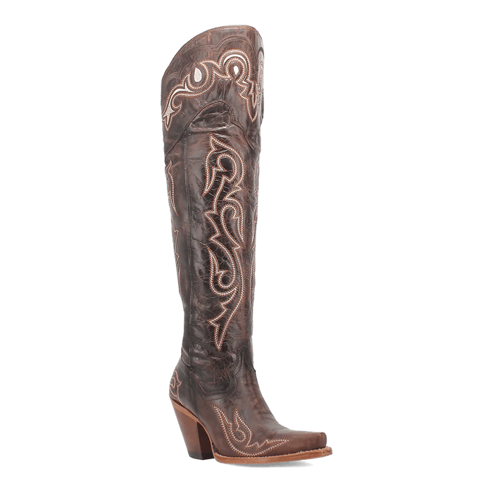 Dan Post Women's Kommotion boots: Tall, fitted, snip toe, dark chocolate leather. White stitched details. Tapered heel. Decorative upper motifs.
