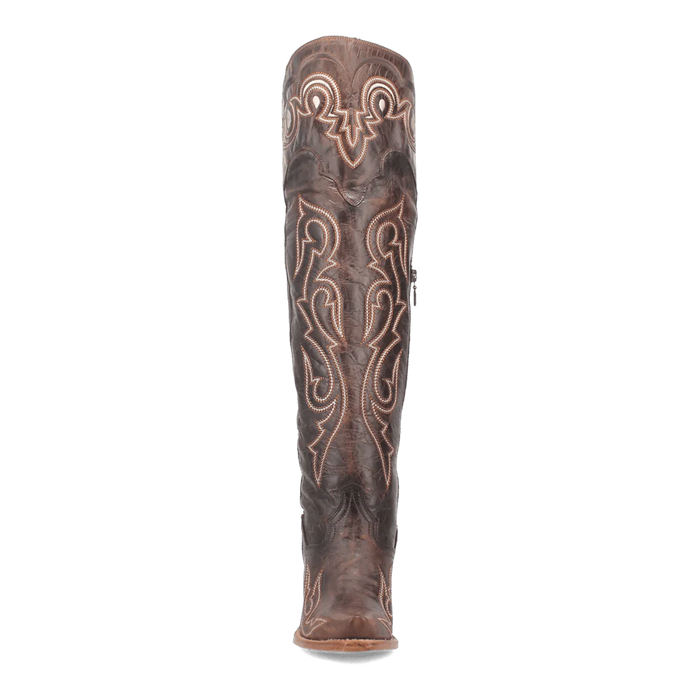 Dan Post Kommotion tall boots: Women's chocolate brown leather boots with a snip toe. Slim design, intricate stitching, and decorative shaft details.
