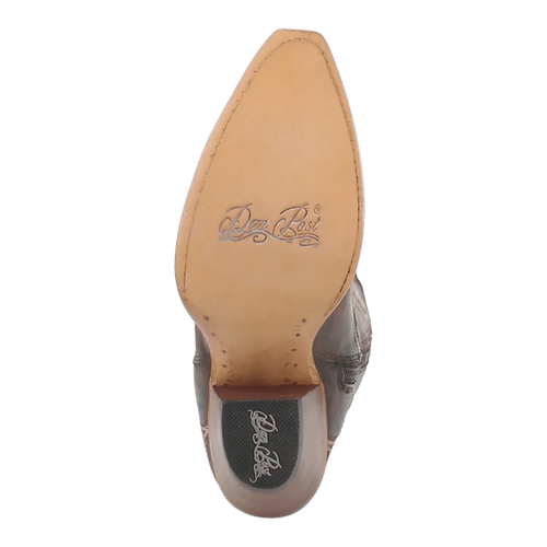 Dan Post women's Kommotion chocolate snip toe boots. Tan, textured outsole with branding. Pointed toe, sleek silhouette. Leather tall boots.
