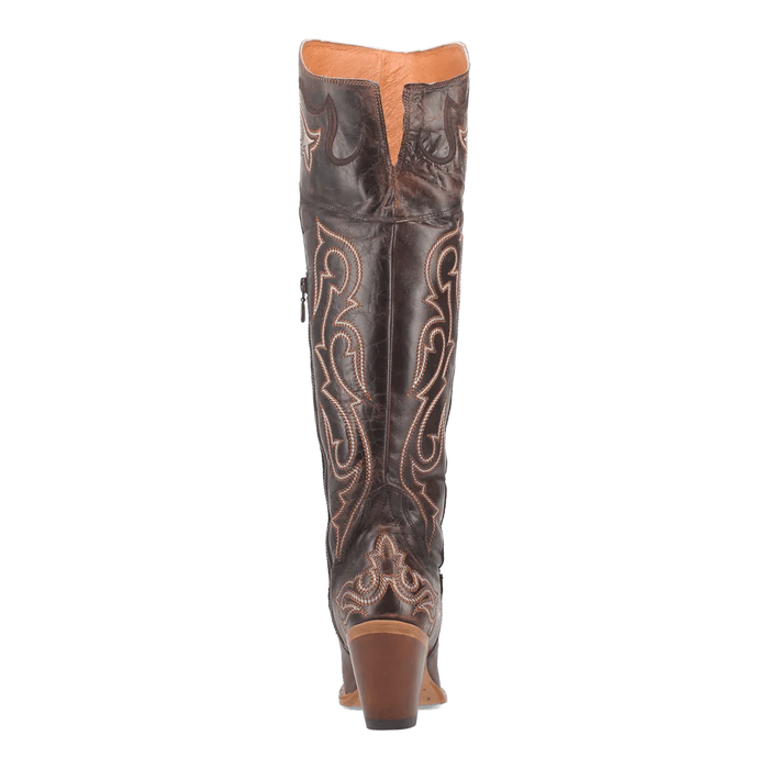 Dan Post Kommotion tall boots for women. Dark chocolate leather, snip toe, and contrasting stitching. Slightly elevated heel and V-notched top. Stylish and durable design.
