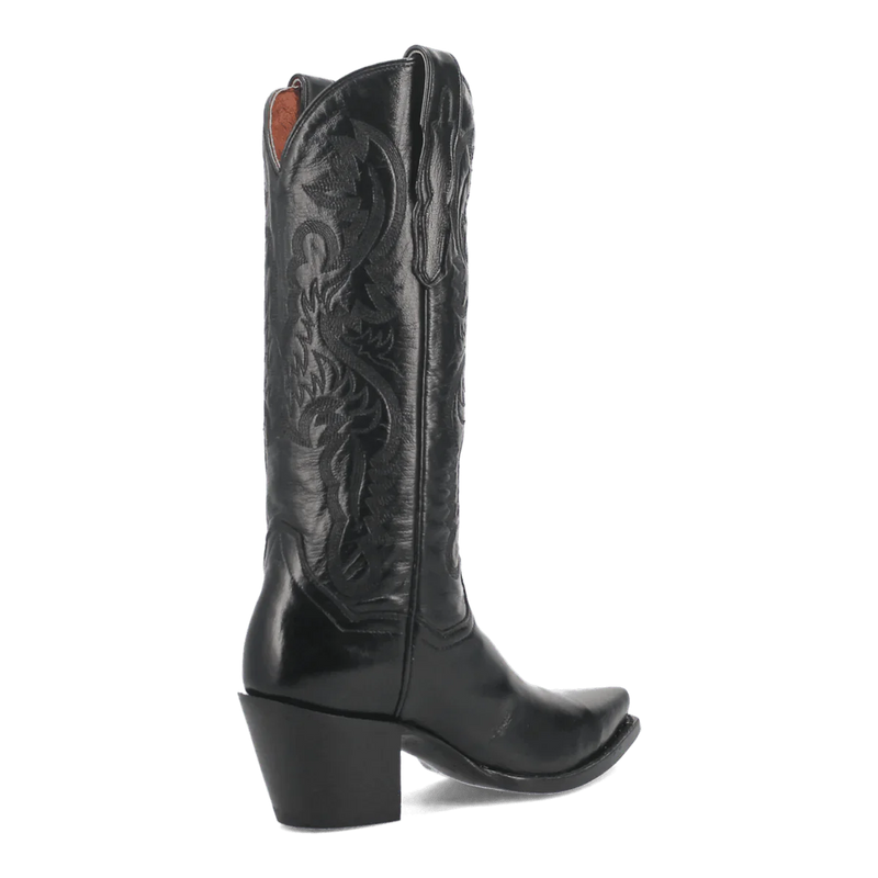 Dan Post Women's Maria boots. Black leather, snip toe, and a tall shaft with embossed designs. Structured shape with a block heel. Contrasting soft inner lining.
