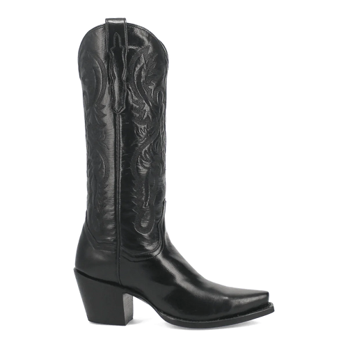 Dan Post Maria boots: Knee-high black leather boots for women. Snip toe, stacked heel. Intricate side stitching adds detail.
