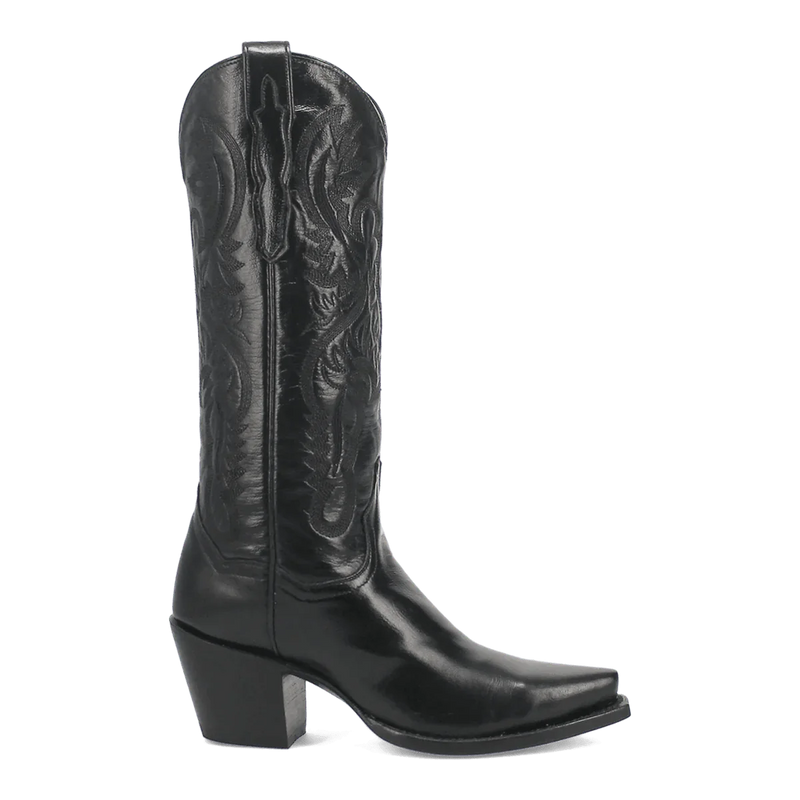 Dan Post Maria boots: Knee-high black leather boots for women. Snip toe, stacked heel. Intricate side stitching adds detail.
