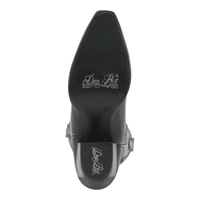 Dan Post Women's Maria boots: Black leather, snip toe, stacked heel. Rounded outsole with branding. Stylish and classic design.
