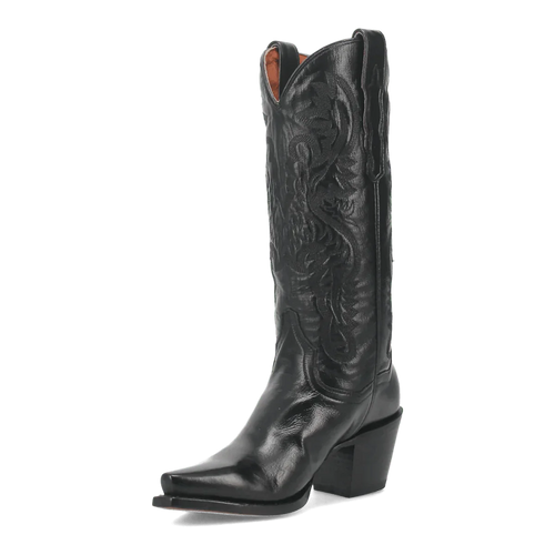 Dan Post Maria Snip Toe boots for women. Black leather with floral embossed design, tall shaft, pointed toe, and flared heel. Shiny finish.
