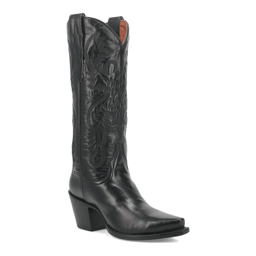 Dan Post Maria boots: Black leather, snip toe, detailed stitching on the shaft. Slightly elevated, sturdy heel.
