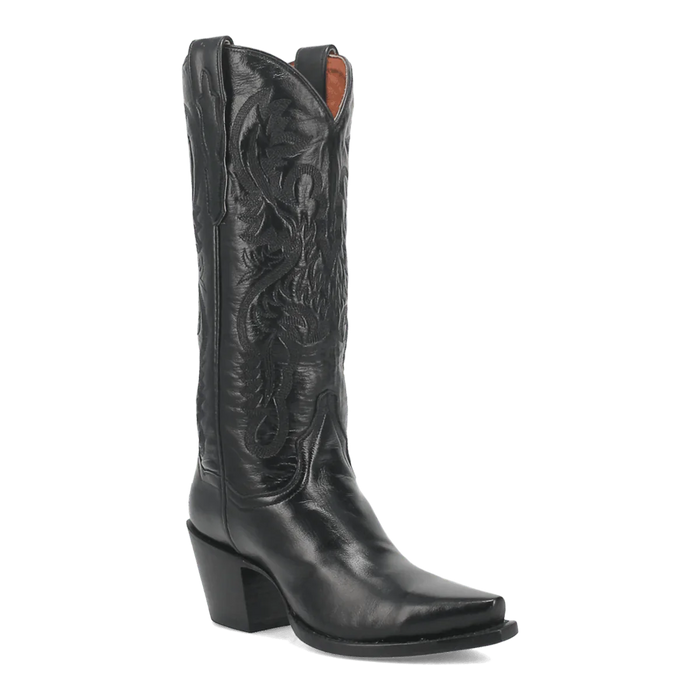 Dan Post Maria boots: Black leather, snip toe, detailed stitching on the shaft. Slightly elevated, sturdy heel.
