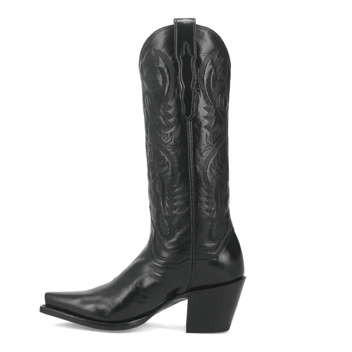 Dan Post Women's Maria boots: Black leather, snip toe, and a sleek design. Intricate raised patterns on the shaft and a slightly curved heel. Smooth texture, leather construction.
