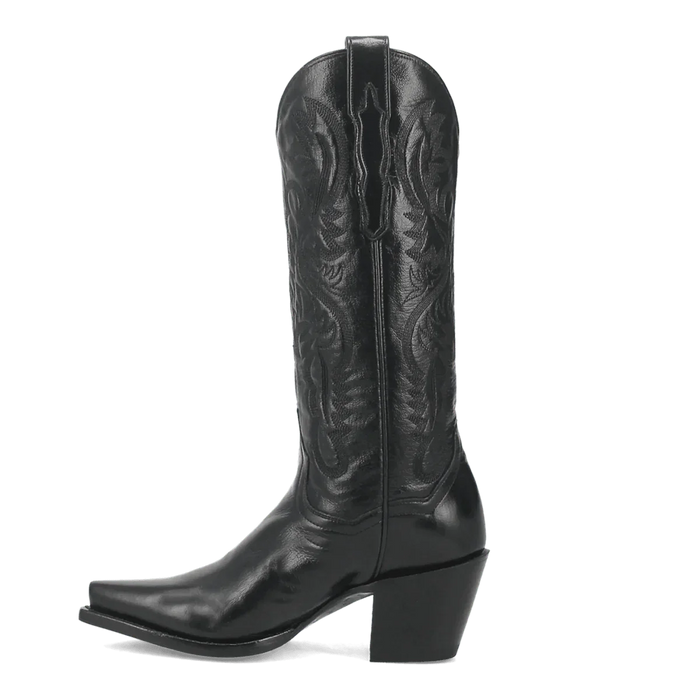 Dan Post Women's Maria boots: Black leather, snip toe, and a sleek design. Intricate raised patterns on the shaft and a slightly curved heel. Smooth texture, leather construction.
