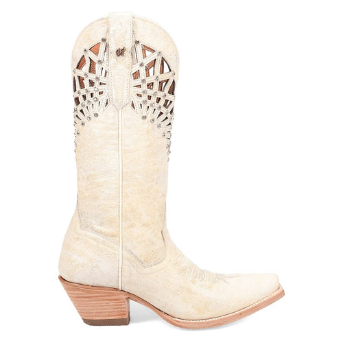 Dan Post Miley women's boots. Tan bone leather with textured finish. Intricate cut-out shaft design, decorative stitching. Snip toe, stacked heel create a distinctive silhouette.
