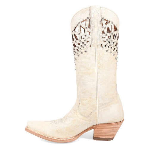 Dan Post Miley snip toe women's boots in bone. Light leather with pointed toe, mid-height shaft, decorative cutouts, and intricate stitching. Stacked, angled heel.
