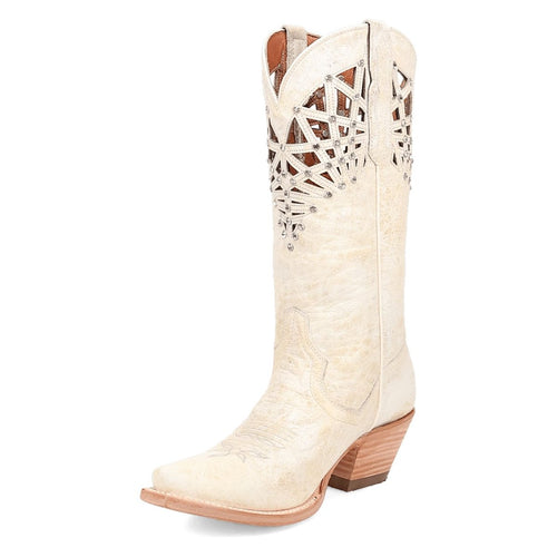 Dan Post Women's Miley boots: Bone leather exterior with cut-out shaft details. Snip toe design and slightly raised heel for a structured silhouette.
