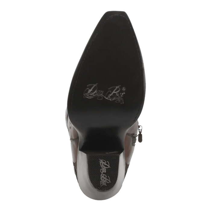 Dan Post Seductress boots: Women's tall, chestnut leather boots with a snip toe. Feature a curved sole, slight heel, and the Dan Post logo.
