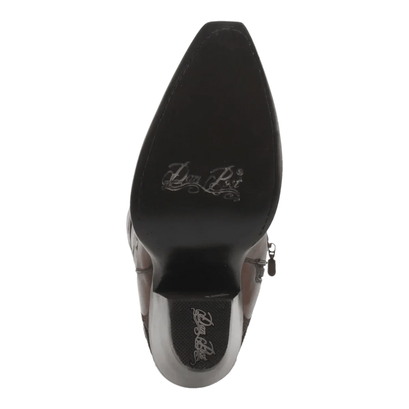 Dan Post Seductress boots: Women's tall, chestnut leather boots with a snip toe. Feature a curved sole, slight heel, and the Dan Post logo.
