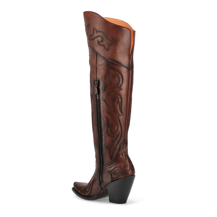 Dan Post Seductress tall women's boots. Chestnut leather, fitted shaft with flare, intricate stitching, and side zip. Block heel, snip toe. Rich brown color.
