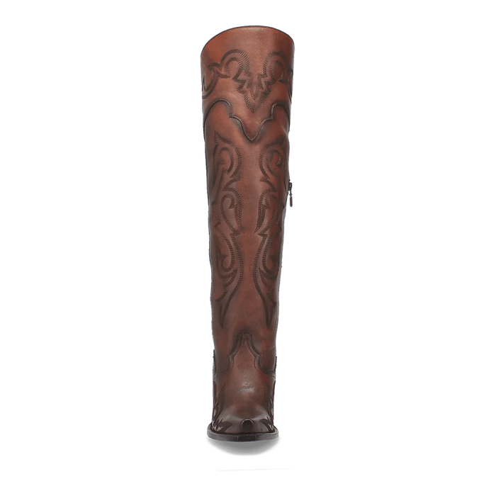 Dan Post Seductress women's tall boots in chestnut leather. Embossed floral patterns, snip toe, and black rubber sole. Stylish and durable.
